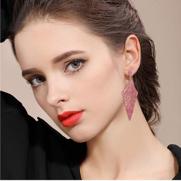 Yellow Gold with Pink Sapphire Crystal Rhombus Banquet Chandelier Post Earrings - Picture 3 of 4